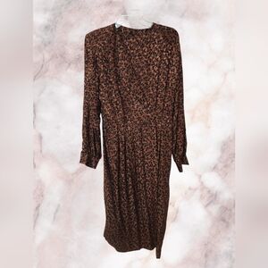 Vintage 100% SILK Long-Sleeve Brown Floral Midi Dress with Tailored Waist